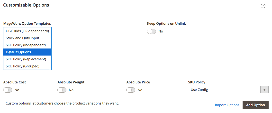 Mageworx Option Individual Product Custom Options